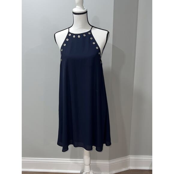 Lumiére Navy Mini Dress, Silver Grommet Halter, Size M, Cocktail Party - Picture 1 of 9
